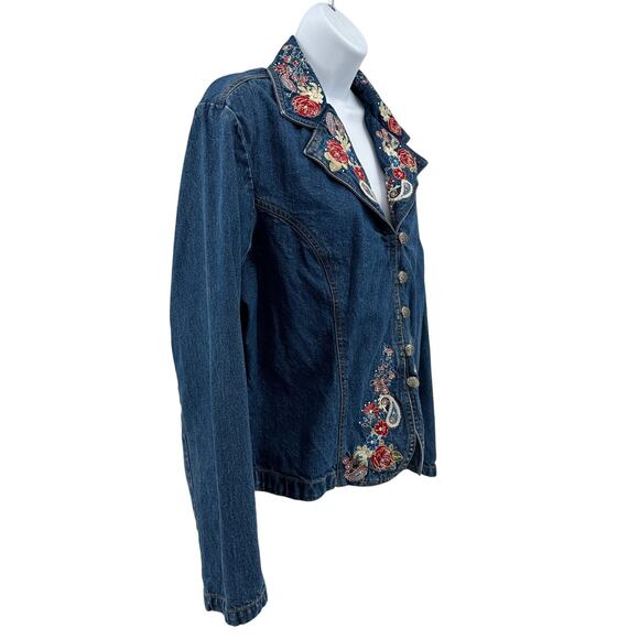 Gordon James Jean Jacket Sz XL Dark Wash Denim Floral Paisley Embroidered Blazer - Picture 3 of 12